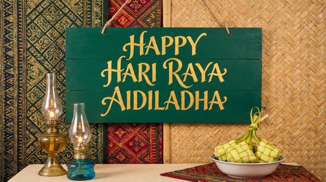 Elegant Hari Raya Aidil Adha background with crescent moon, mosque silhouette and hanging lanterns, green and gold color theme, soft glowing light, Islamic geometric patterns