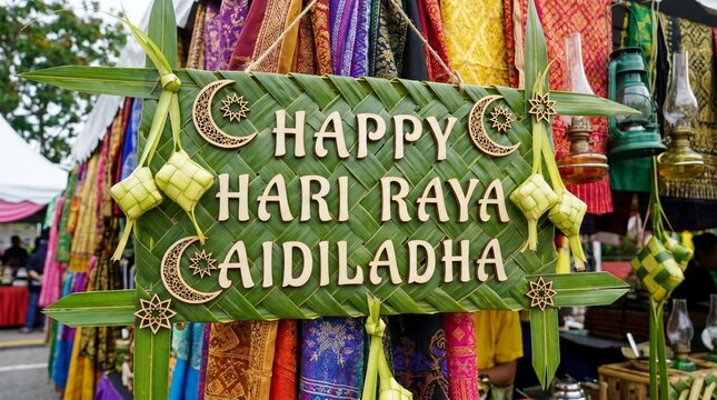 Elegant Hari Raya Aidil Adha background with crescent moon, mosque silhouette and hanging lanterns, green and gold color theme, soft glowing light, Islamic geometric patterns