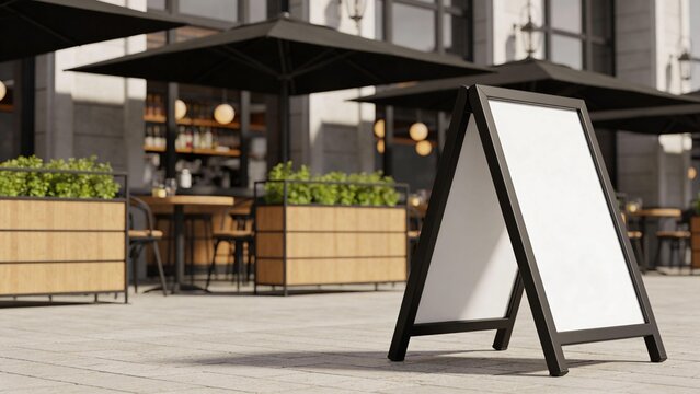features a style and type of a-frame sandwich board sign with a minimalist design. The layout is simple, showcasing a double-sided, freestanding structure with a black frame and white display panels. 
