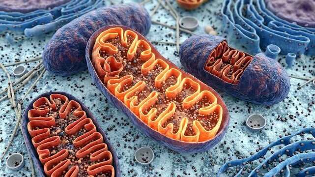 Mitochondrion, an intricate cellular organelle displaying its complex internal structure and dynamic energy production process within a living biological environment