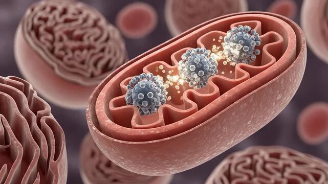 Mitochondrion, a crucial cellular organelle actively producing adenosine triphosphate energy, featuring complex inner membrane cristae structure, facilitating metabolic process.