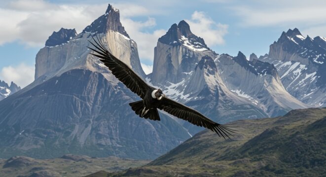 Andean condor flying mountains landscape.