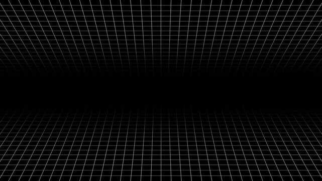 A digital grid pattern with thin white lines recedes into a deep black void creating a perspective grid effect that suggests a virtual space or digital landscape