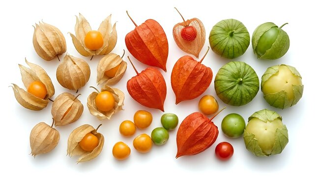 Colorful assortment of exotic fruits and vegetables including physalis, tomatillos, and ground cherries arranged on white background for healthy eating concepts.