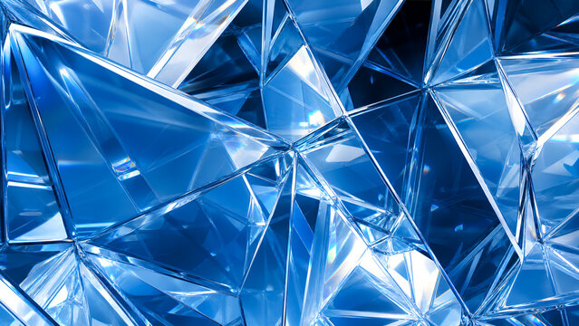 Abstract geometric blue crystal background with sharp shards and glass reflection texture