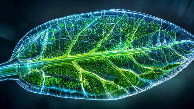 Transparent glass leaf showing microscopic green cell structure and veins, biotechnology concept