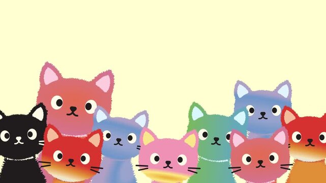 4k footage animation of Cat. Cartoon cat characters popped one by one and wiggling wiggle loop animation. Different cat`s color. Flat color simple style design