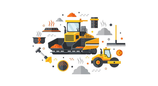 Asphalt Paving Construction Machinery Vector Illustration with Paver and Steam Roller