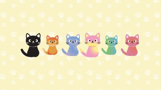 4k footage animation of Cat. Cartoon cat characters loading popped one by one loop animation. Different cat`s color. Flat color simple style design