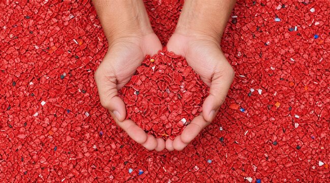 Hands holding red plastic pellets for recycling and manufacturing