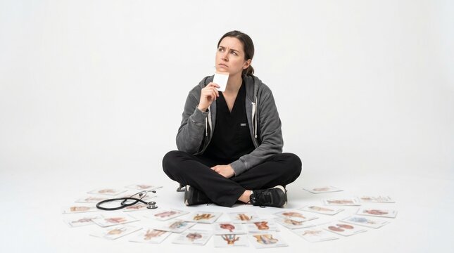 Medical student studying anatomy with flashcards, representing academic preparation and dedication in healthcare education, Isolated on White background