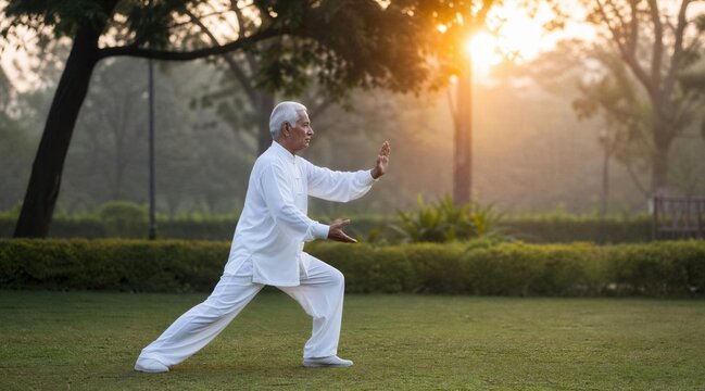Senior Indian Man Practicing Tai Chi in a Park at Sunrise