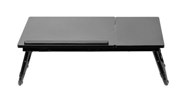 Black adjustable laptop bed tray table with foldable legs and tilting top. Portable workstation for sofa, bed, or floor, featuring a mouse pad surface and anti-slip stopper.	
