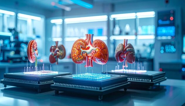 Realistic kidney organ model in a futuristic laboratory setting
