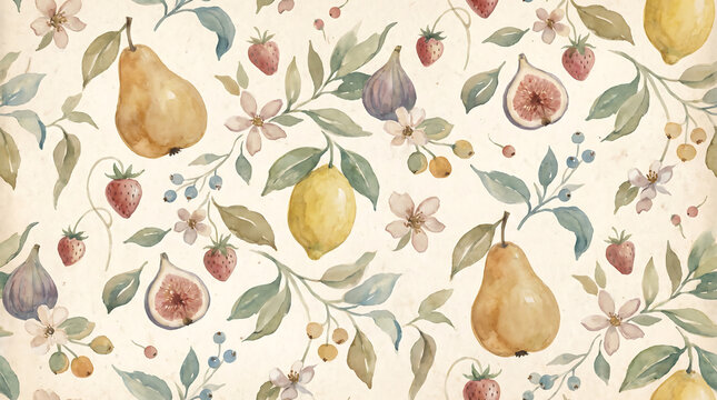 Watercolor fruit pattern with pears figs lemons strawberries on a botanical background fruit bowl fruit salad fruit tart strawberry watercolor