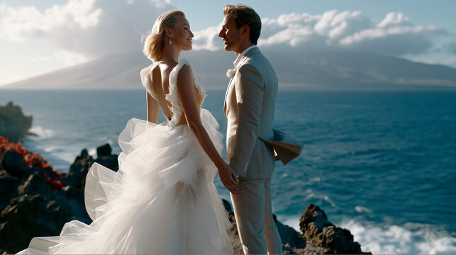 Blonde bride groom smiling volcanic cliff, white feathered tulle backless gown flowing wind. Romantic outdoor wedding vows, sunny tropical scenery, elegant elopement.