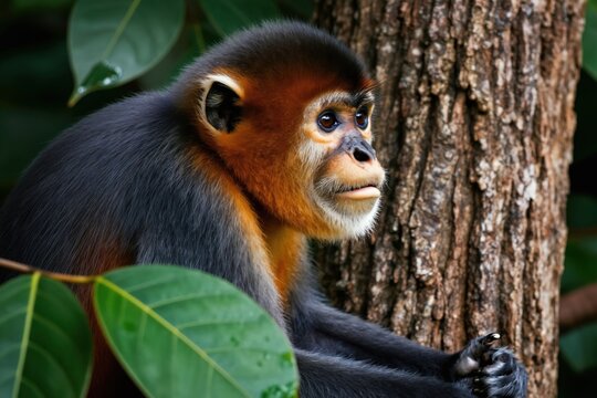 Red-shanked douc monkey sits on tree branch in green foliage. Close-up mammal face with orange fur and dark body. Primate looks into distance. Wild animal in natural habitat.