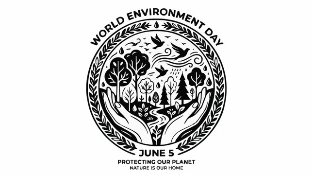 World environment day emblem with hands protecting forest landscape