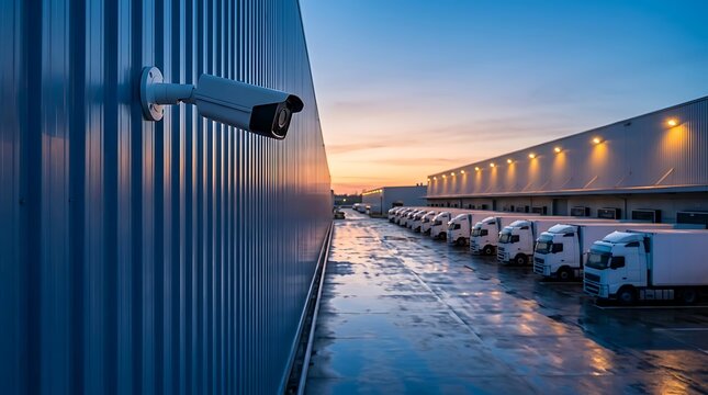 Area Gudang Logistik dengan Truk Parkir dan Kamera CCTV di Senja Hari yang Dramatis