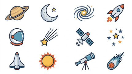 Space Icons Collection Featuring Planets Rocket Astronaut and Stars. © Ramdani