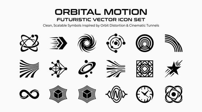 Orbital motion futuristic vector icon collection with cybernetic swirl technology symbols digital interface graphics and modern sci fi monochrome design for startup branding and app systems