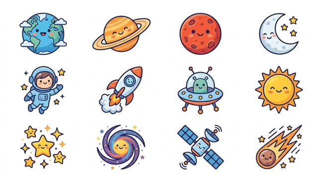 Cute Cartoon Space Objects and Characters Collection.