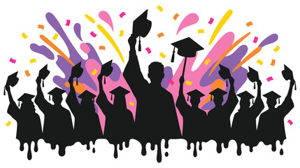 Colorful graduation silhouette celebration with students tossing.