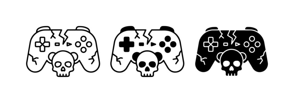 Broken Game Controller Icons, Skull Symbol, Gaming Death, Digital Danger, Vector Art