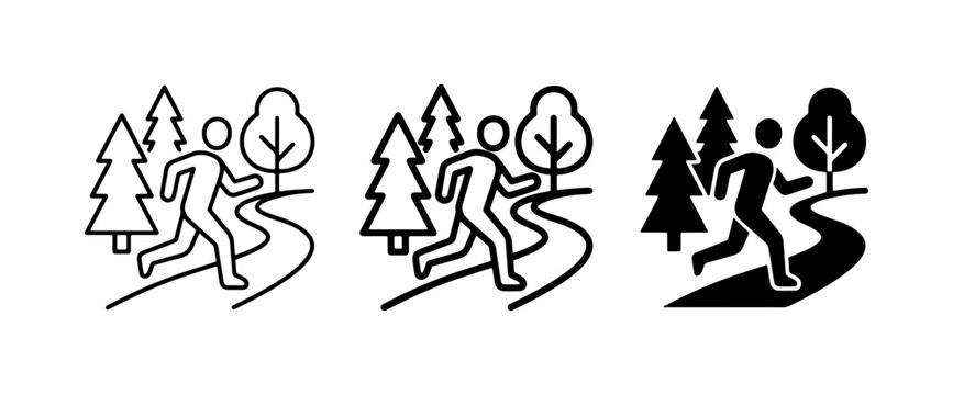 Running Icon Set, Outdoor Trail Jogging, Forest Path Silhouette, Fitness Activity