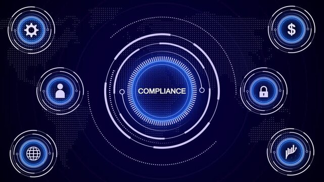 A central glowing blue circle with the words COMPLIANCE is surrounded by smaller circular representing business concepts like finance, people, and security against a dark blue map background