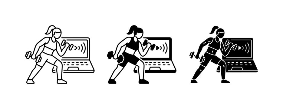 Online Fitness Training Icons: Woman Lifting Dumbbell, Laptop Workout, Digital Exercise