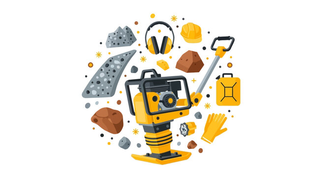 Tamping Rammer and Construction Safety Equipment Flat Vector Illustration for Soil Compaction and Civil Engineering