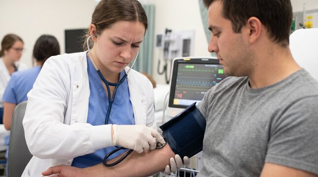 Medical student practicing blood pressure examination during healthcare training, representing practical learning and clinical skill development