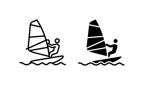 Windsurfing Icons: Outline and Solid Styles for Water Sports and Recreation Vector Graphics