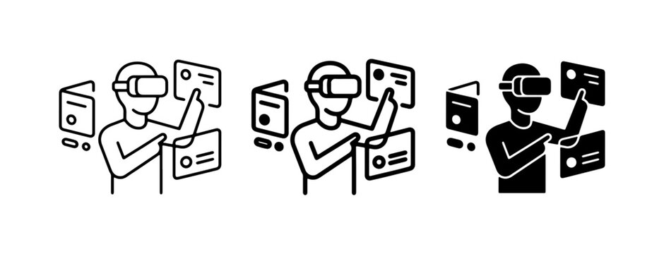 Virtual Reality Interaction, VR Headset User, Digital Interface, Futuristic Technology Icons