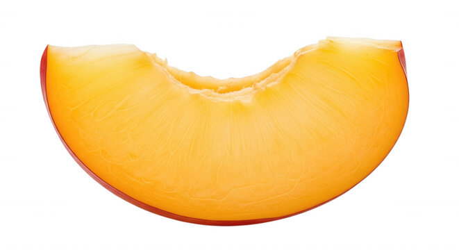 A single, curved slice of a ripe yellow peach with a thin red skin edge, isolated against a solid black background