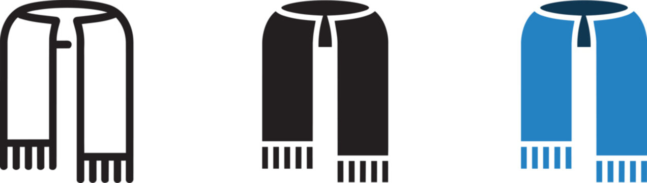Modern football fan scarf icons set, graphic apparel for cheering audience, showing team support with fringe in outline, solid, and blue colored
