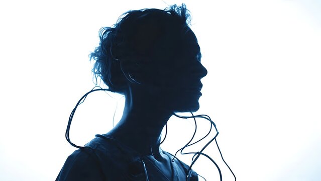 Silhouette of a person with headphones and backpack.