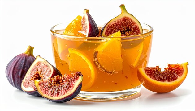 Homemade fig and orange compote in glass bowl with fruits