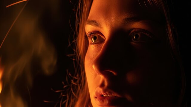 A close-up portrait of a young woman's face illuminated by a warm campfire.