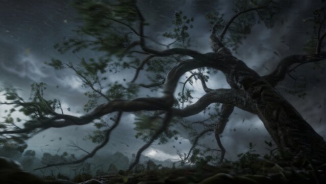 violently. A tree's branches whipping through the air during a storm with rain. ESG reports, sustainability campaigns, designed for environmental awareness campaigns, drives climate awareness.