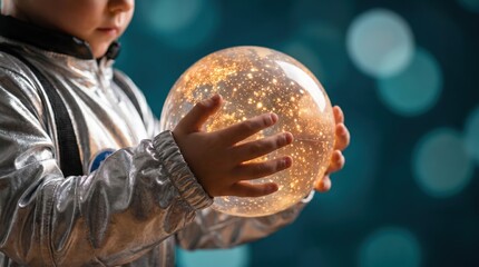 Naklejka premium Space exploration and childhood dreams, child in silver astronaut costume holding a glowing glass sphere filled with stars, science education.