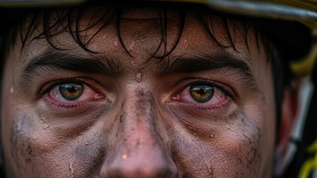 An intense, gritty close-up of a tired firefighter's face with soot and sweat.