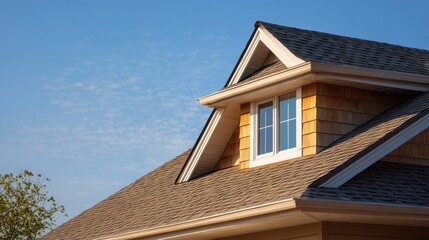 Obraz premium Warm daylight on a house roof with a welcoming dormer window