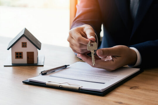 Realtor hands over house key. Documents on clipboard below, small home model nearby. Signing contract for property sale or rental agreement. Financial deal closes.