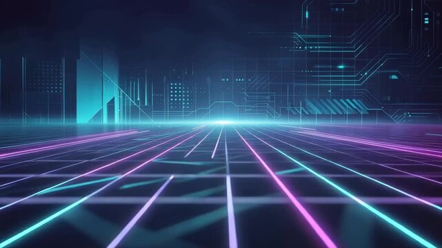 Futuristic digital landscape with glowing lines and circuits, showcasing modern innovation and creativity.