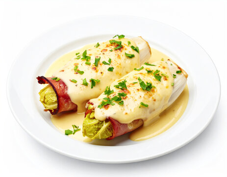 Belgian chicon au gratin, endive wrapped in ham with b&eacute;chamel sauce, white plate. AI