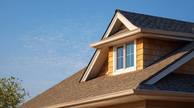 Warm daylight on a house roof with a welcoming dormer window