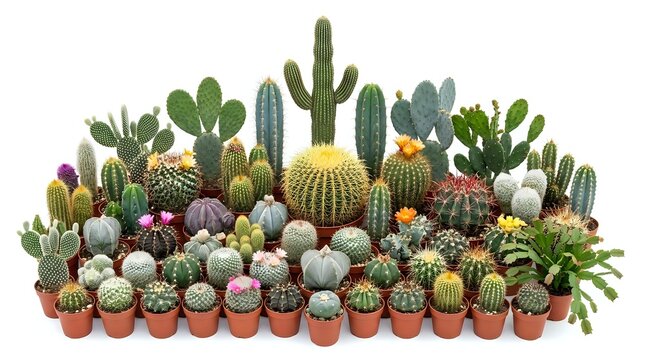 Large collection of diverse cacti and succulents in terracotta pots arranged in rows, perfect for gardening, botanical displays and desert plant themes.
