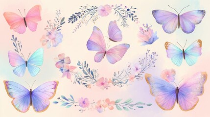 Fototapeta premium Watercolor butterfly clipart set for girl baby shower invitations and spring party decor